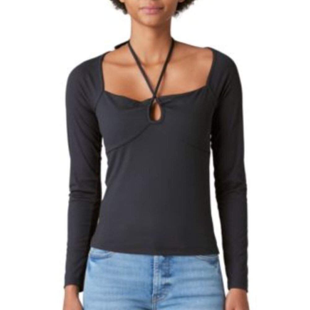 LUCKY BRAND Women's Ribbed Keyhole-Cutout Long-Sleeve Top XL Black NWT Blouse